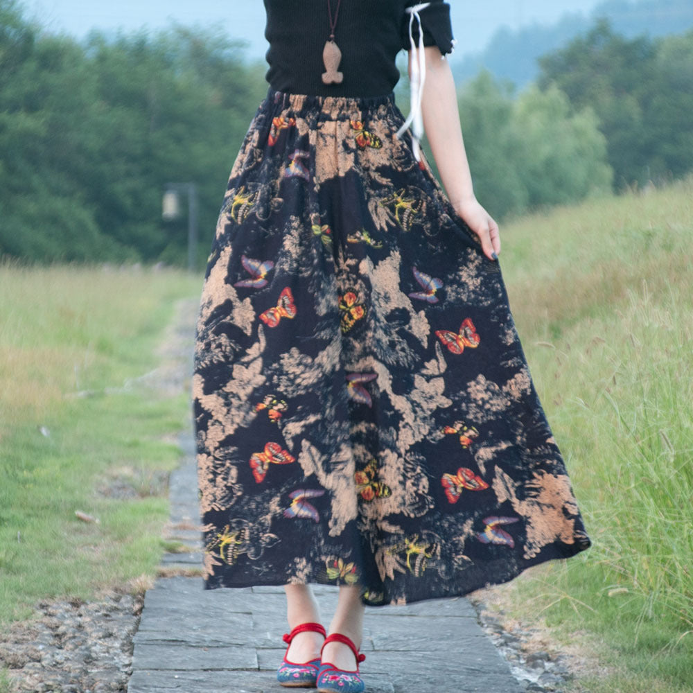 Ethnic Style Cotton Linen Swing Skirt With Elastic Waist