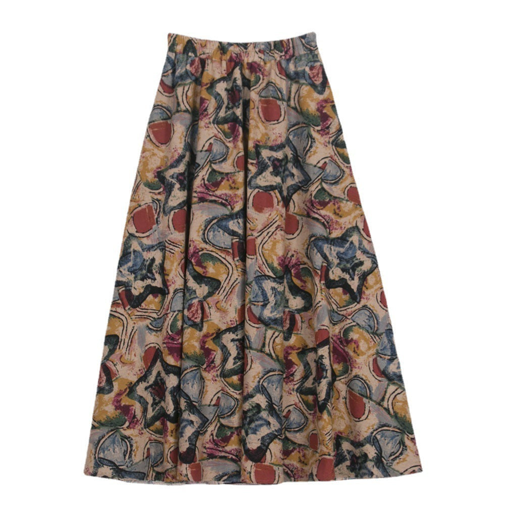 Ethnic Style Cotton Linen Swing Skirt With Elastic Waist