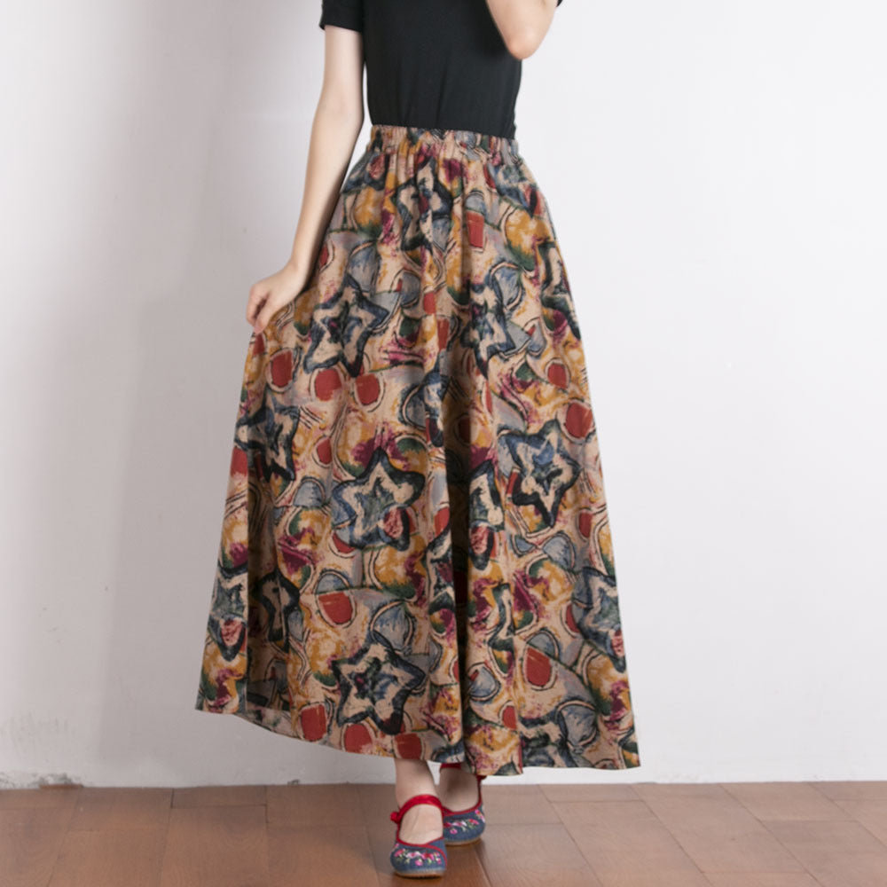 Ethnic Style Cotton Linen Swing Skirt With Elastic Waist