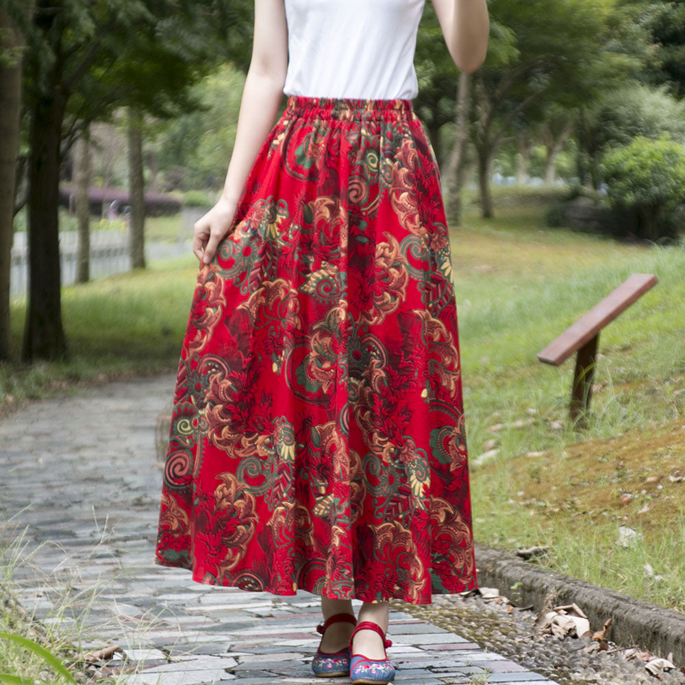Ethnic Style Cotton Linen Swing Skirt With Elastic Waist