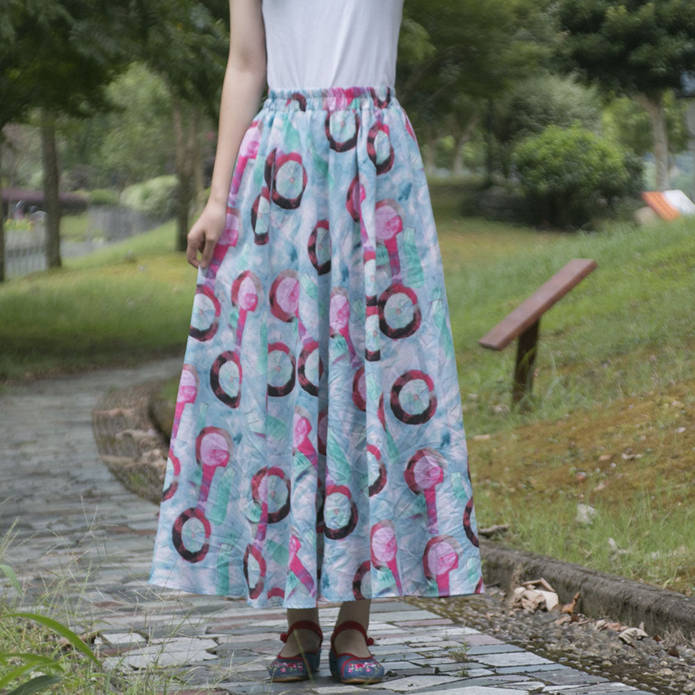 Ethnic Style Cotton Linen Swing Skirt With Elastic Waist