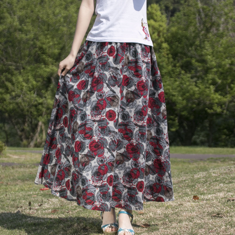 Ethnic Style Cotton Linen Swing Skirt With Elastic Waist