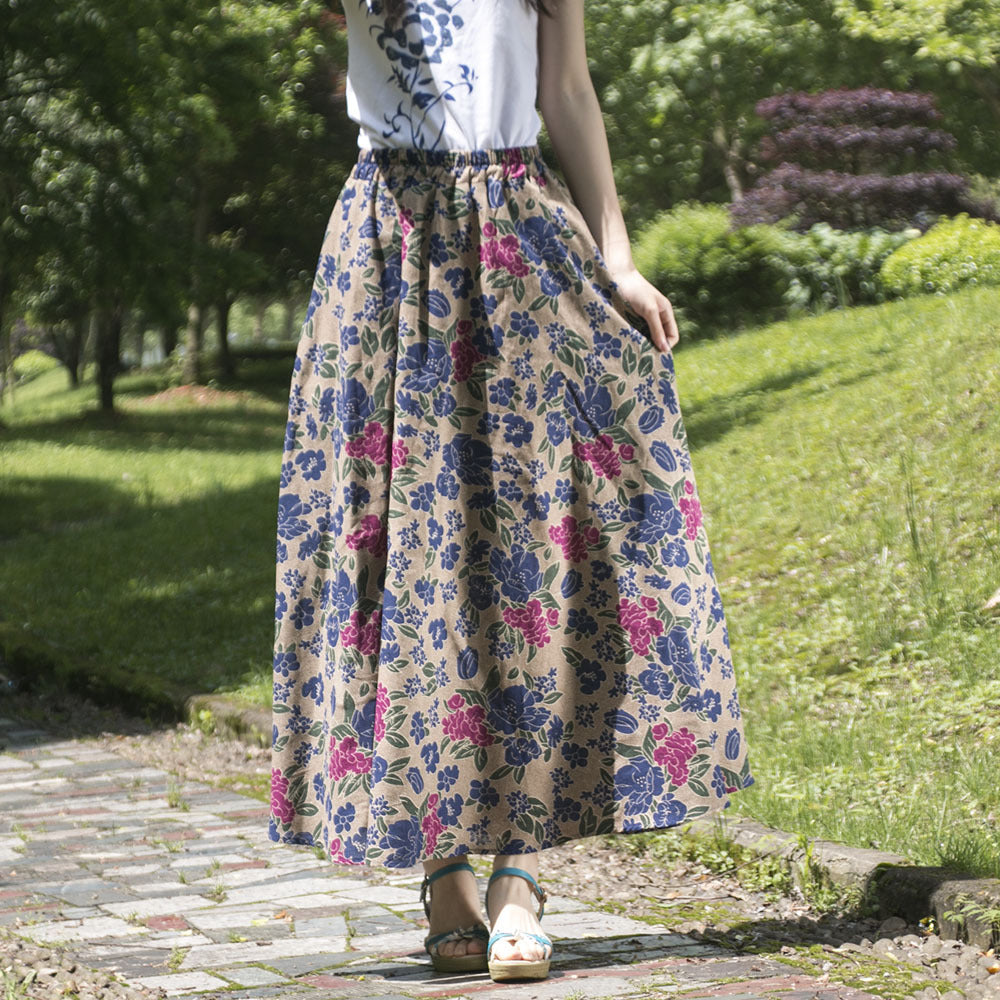Ethnic Style Cotton Linen Swing Skirt With Elastic Waist