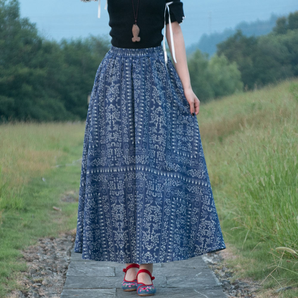 Ethnic Style Cotton Linen Swing Skirt With Elastic Waist
