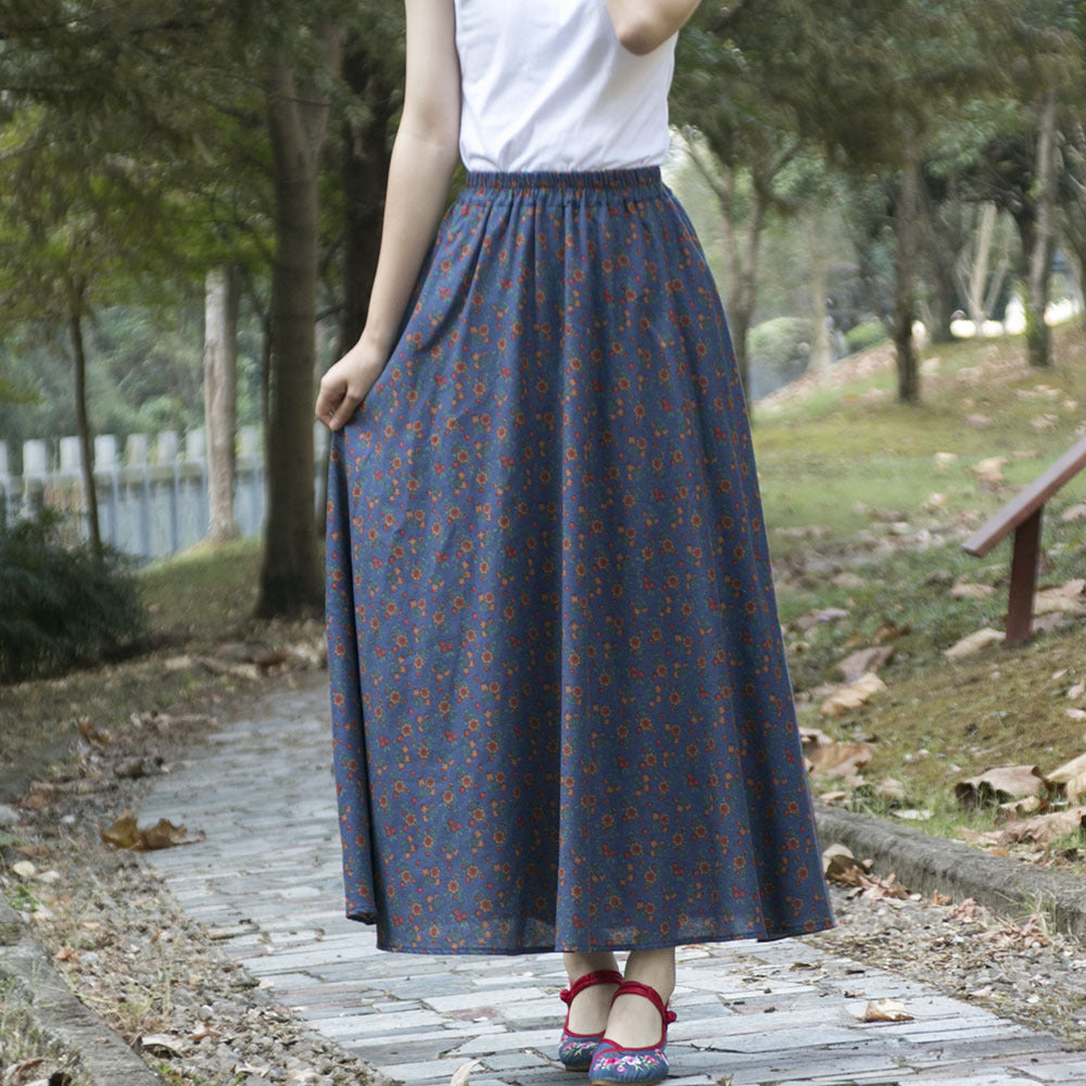 Ethnic Style Cotton Linen Swing Skirt With Elastic Waist