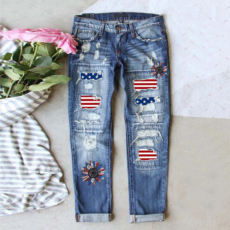 Flag Patch Ripped Denim Jeans with Patriotic Streetwear Twist-Blue-Theone Apparel