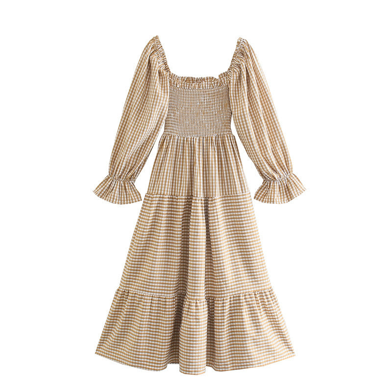 Fließendes khaki kariertes Kleid mit elastischer Taille für Freizeitverschleiß