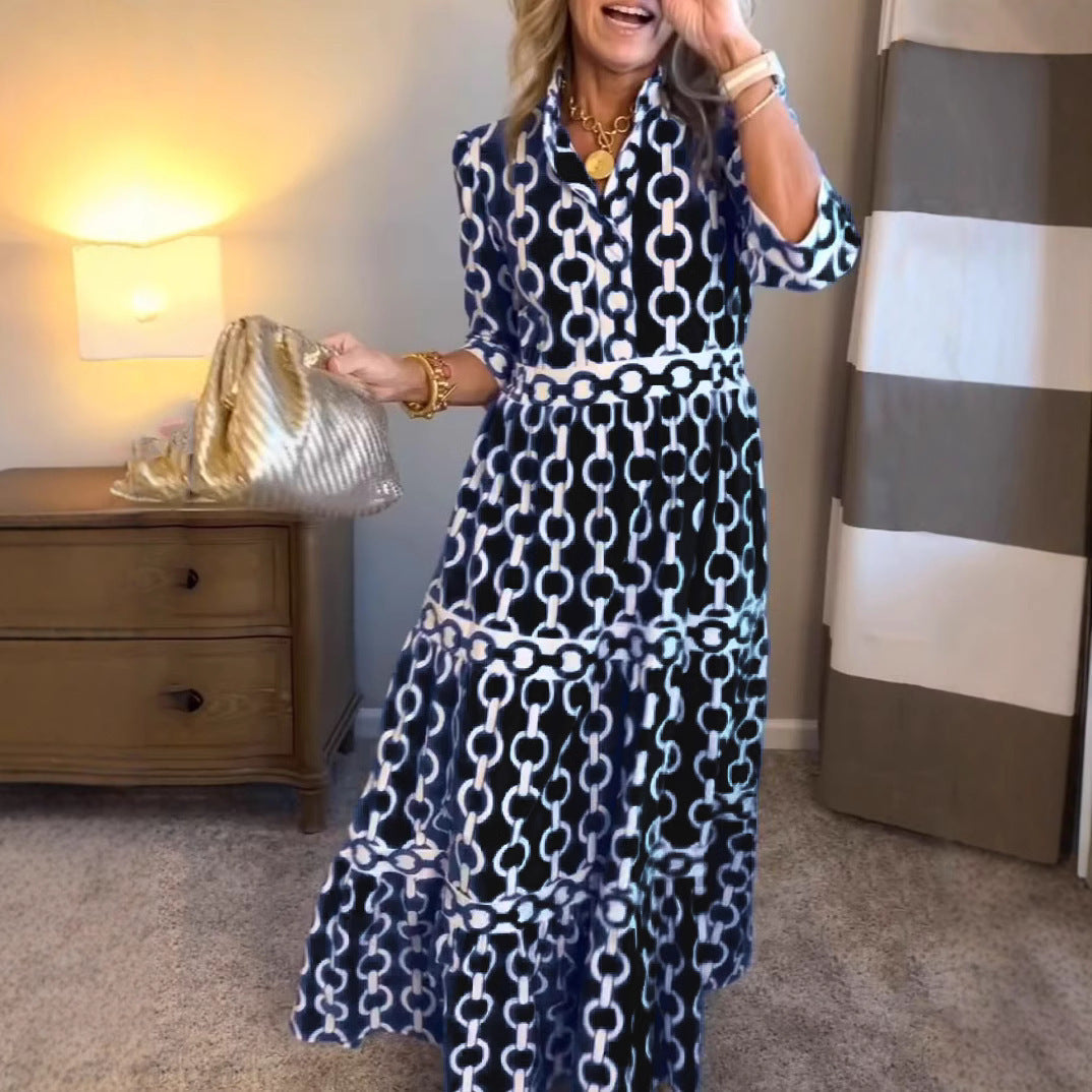 Geometric Print Maxi Dress with Round Neck for Spring & Summer-Black-Theone Apparel