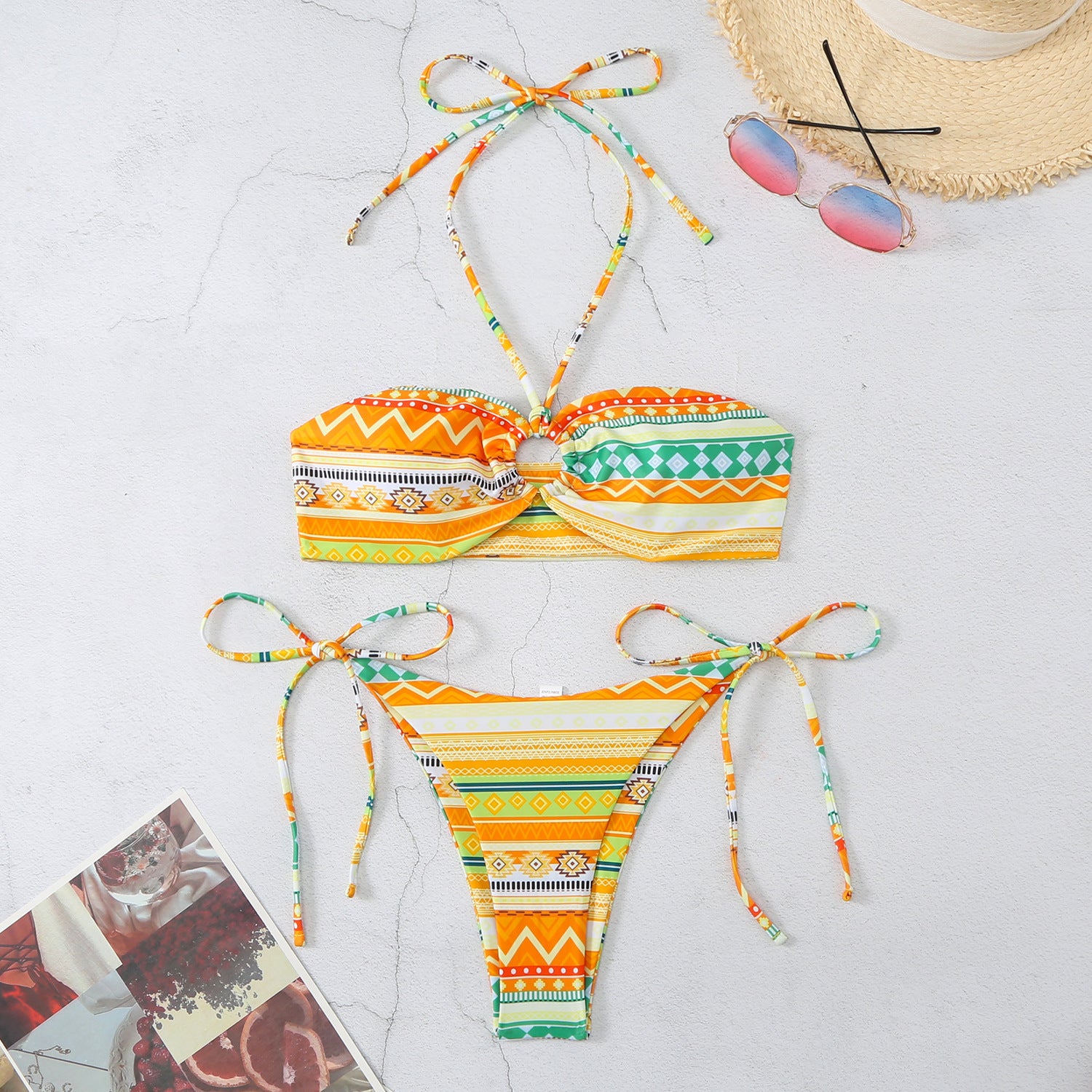 Halter Split Bikini Swimsuit for Women’s Trendy Beach Look-Yellow Strip-Theone Apparel