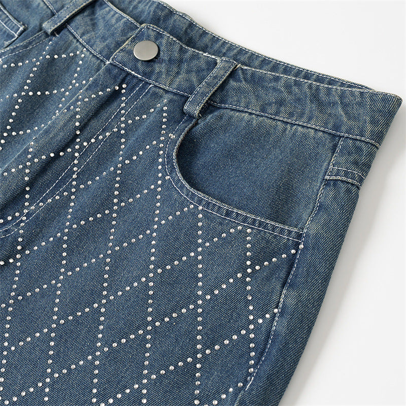 High-Waist Fashion Jeans with Diamond Patterned Accents-Theone Apparel