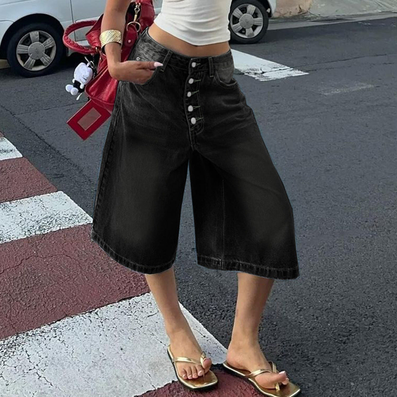 High-Waisted Multi-Breasted Denim Shorts with Modern Edge-Theone Apparel