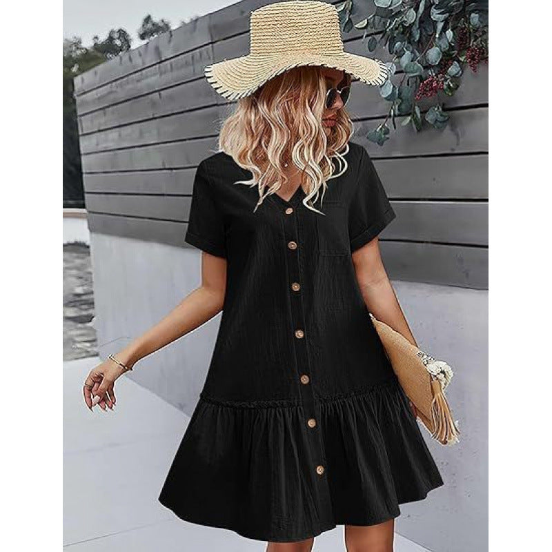 Loose Cotton-Linen Summer Dress for Breezy Casual Comfort-Black-Theone Apparel