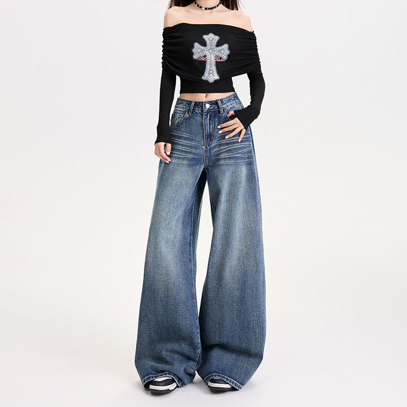Loose Fit Denim Wide-Leg Pants for Relaxed Styling-Blue-Theone Apparel