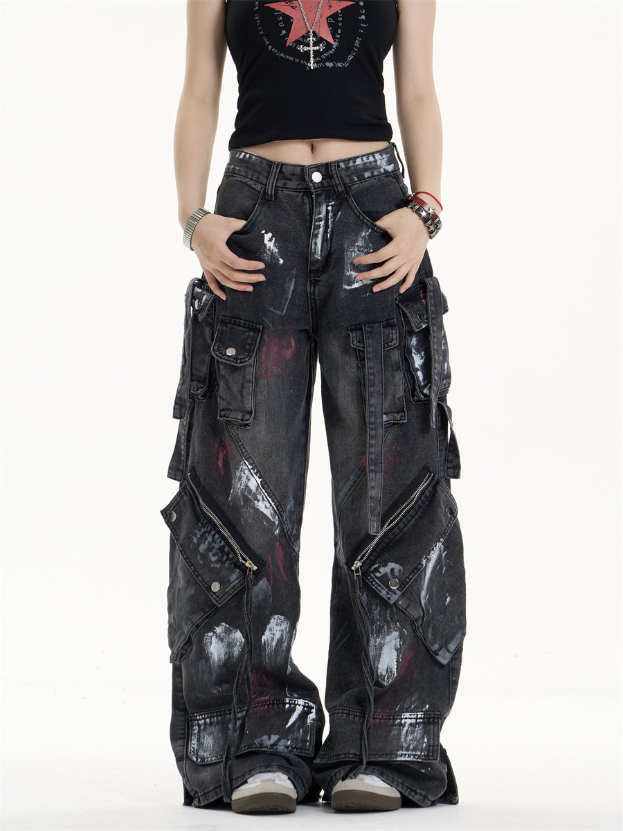 Loose Fit Workwear Jeans with Multi-Pocket Functional Design-Black-Theone Apparel