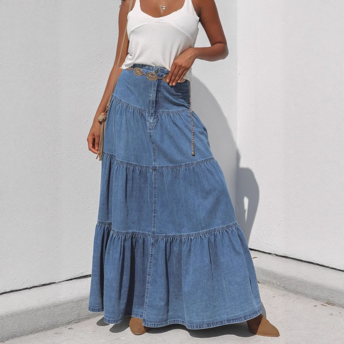 Low Waist Distressed Denim Skirt For Laid Back Vacations-Theone Apparel