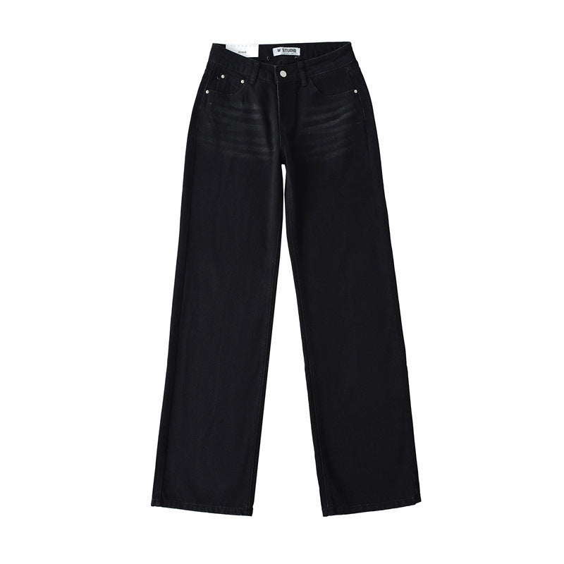 Low Waist Straight Loose Denim Mop Trousers-Black-Theone Apparel