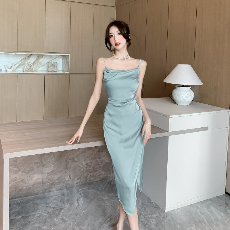 Luxurious Acetate Satin Dress with High-Grade Silky Finish-Gray-Theone Apparel