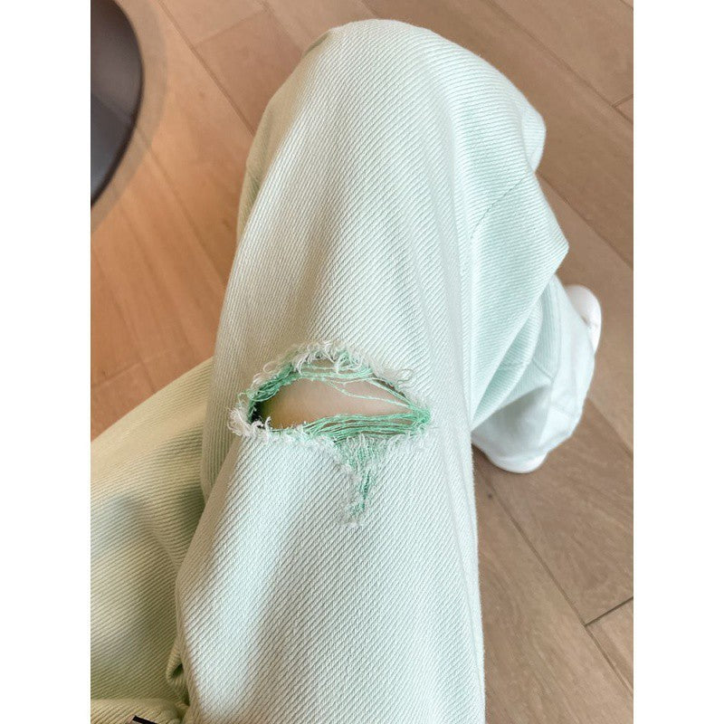 Mint Green Ripped Wide-Leg Jeans for Summer Cool-Theone Apparel