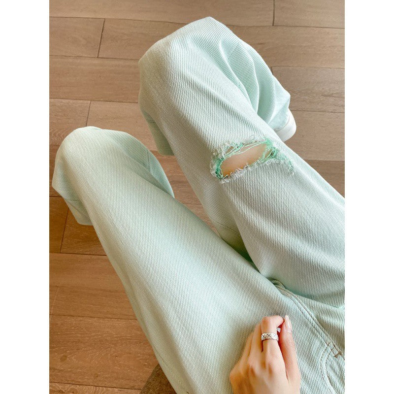 Mint Green Ripped Wide-Leg Jeans for Summer Cool-Theone Apparel