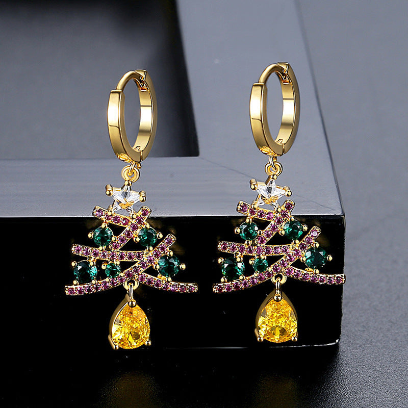 Modern Christmas Tree Dangle Drop Earrings with Multiple Colored Jewels