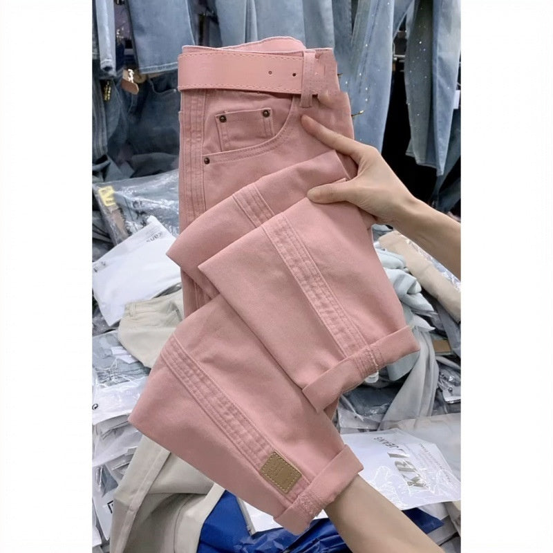 Plus-Size Loose Harem Jeans in Solid Color for Versatile Looks-Pink-Theone Apparel