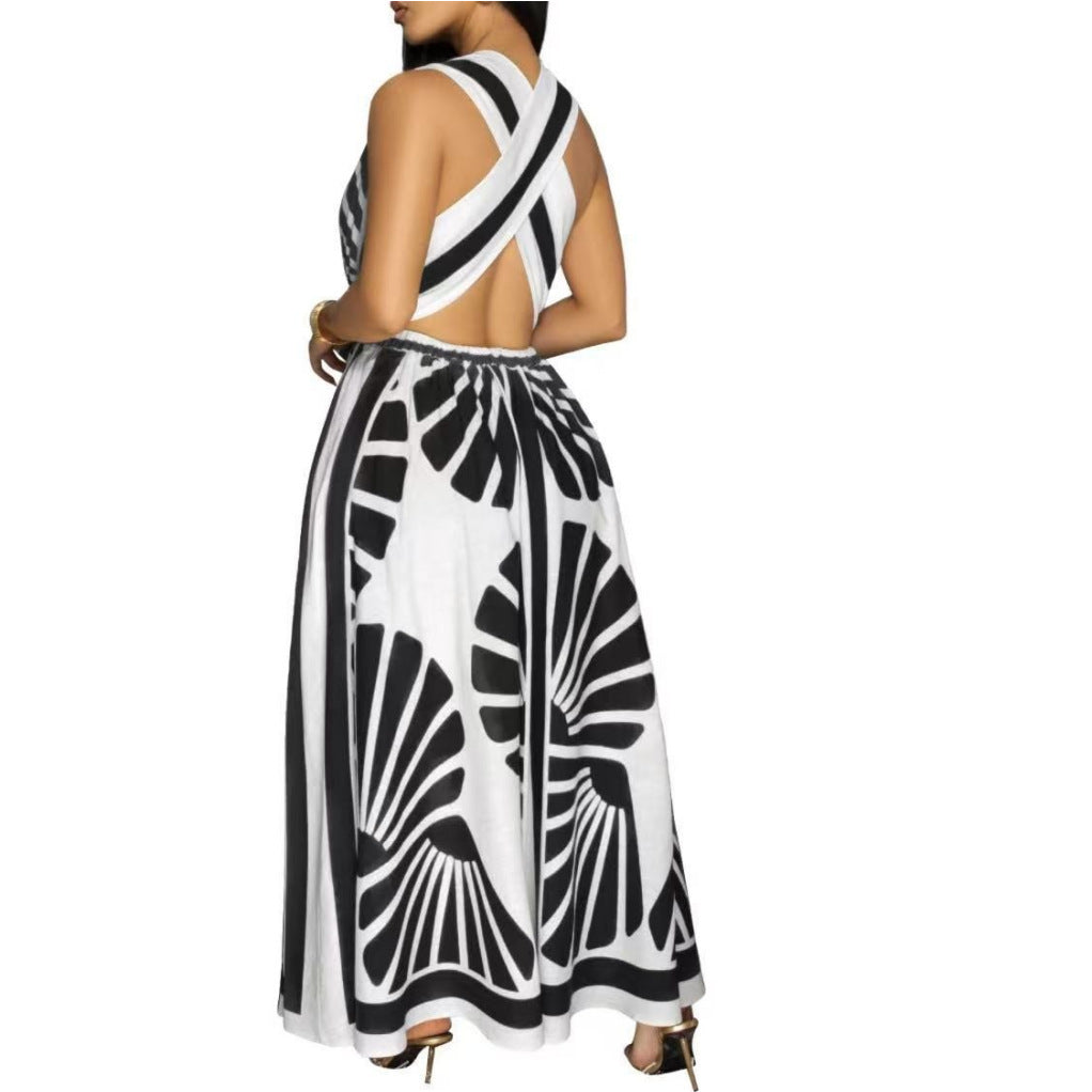 Positioned Print V-Neck Backless Dress for Summer Soirées-Theone Apparel