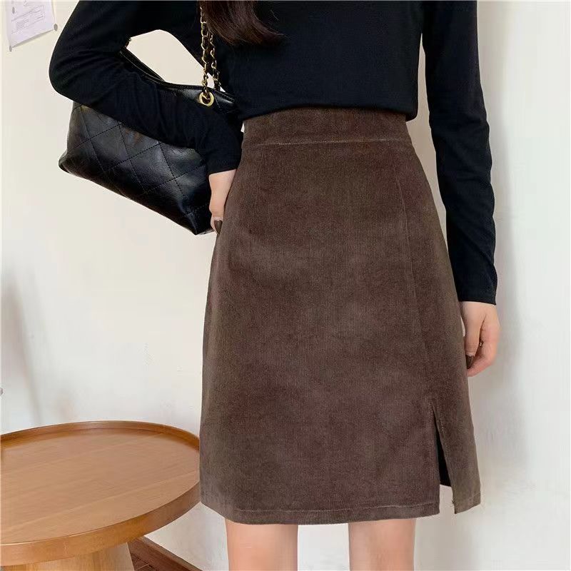 Preppy Style Slim Fit Corduroy Skirt For Timeless Charm-Brown-Theone Apparel