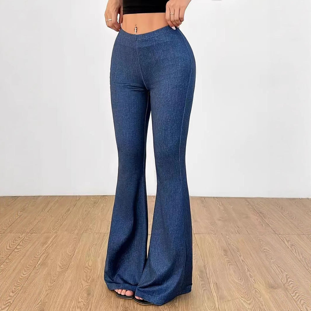 Printed Bell-Bottom Denim Pants with High Waist Fit-Blue-Theone Apparel