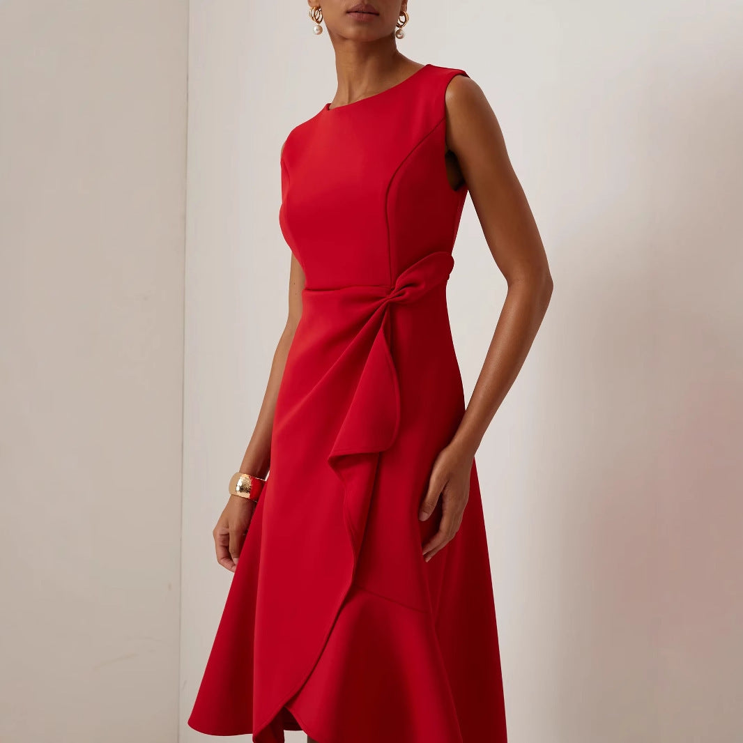 Roter ärmelloser Kleid mit rundem Hals mit elegantem Temperament