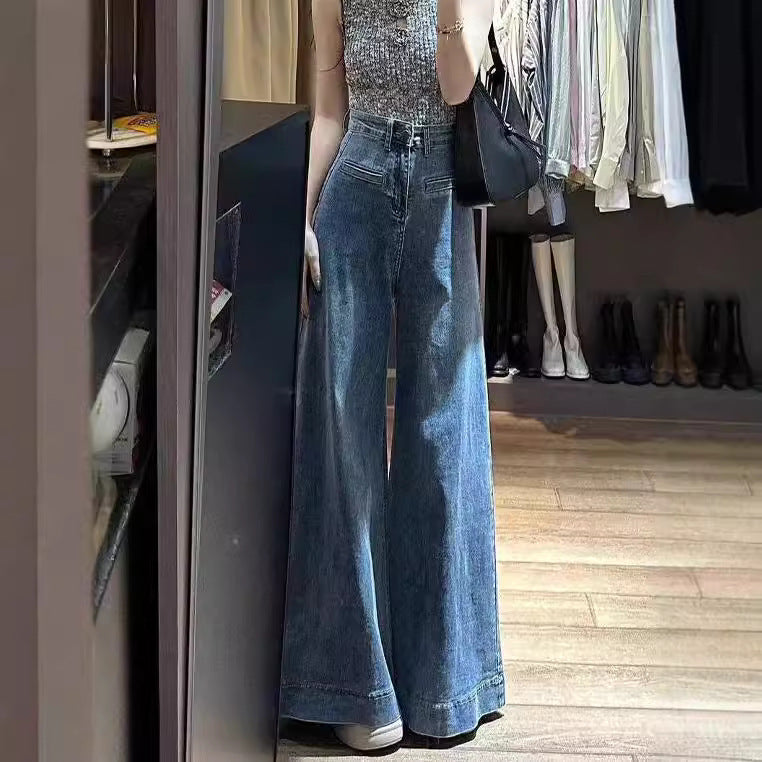 Retro Blue Floor-Length Wide-Leg Jeans with Drape-Theone Apparel