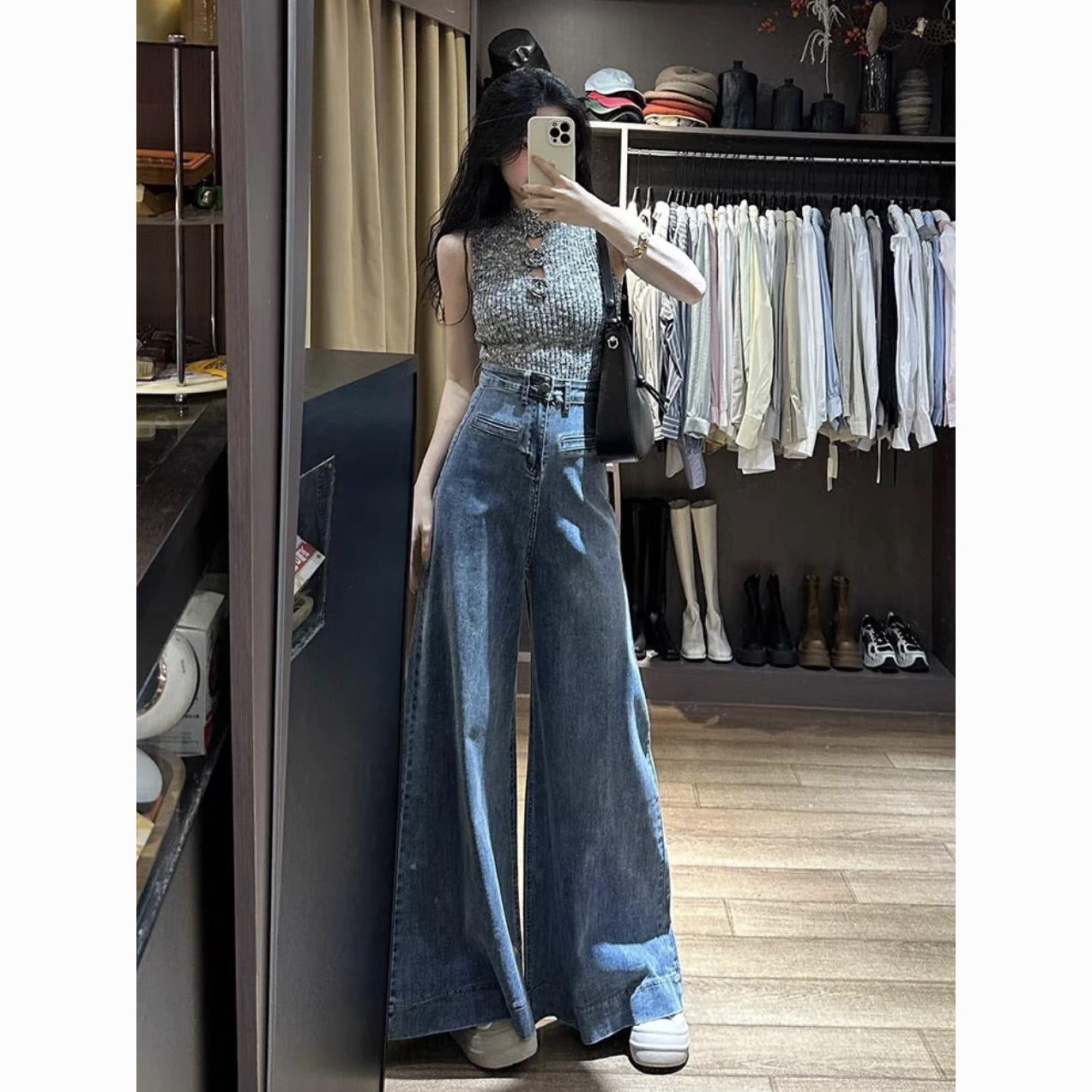 Retro Blue Floor-Length Wide-Leg Jeans with Drape-Theone Apparel