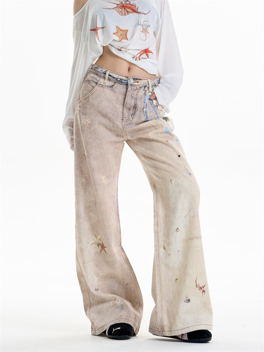 Retro Chain Print Straight-Leg Jeans with Vintage Finish-Theone Apparel