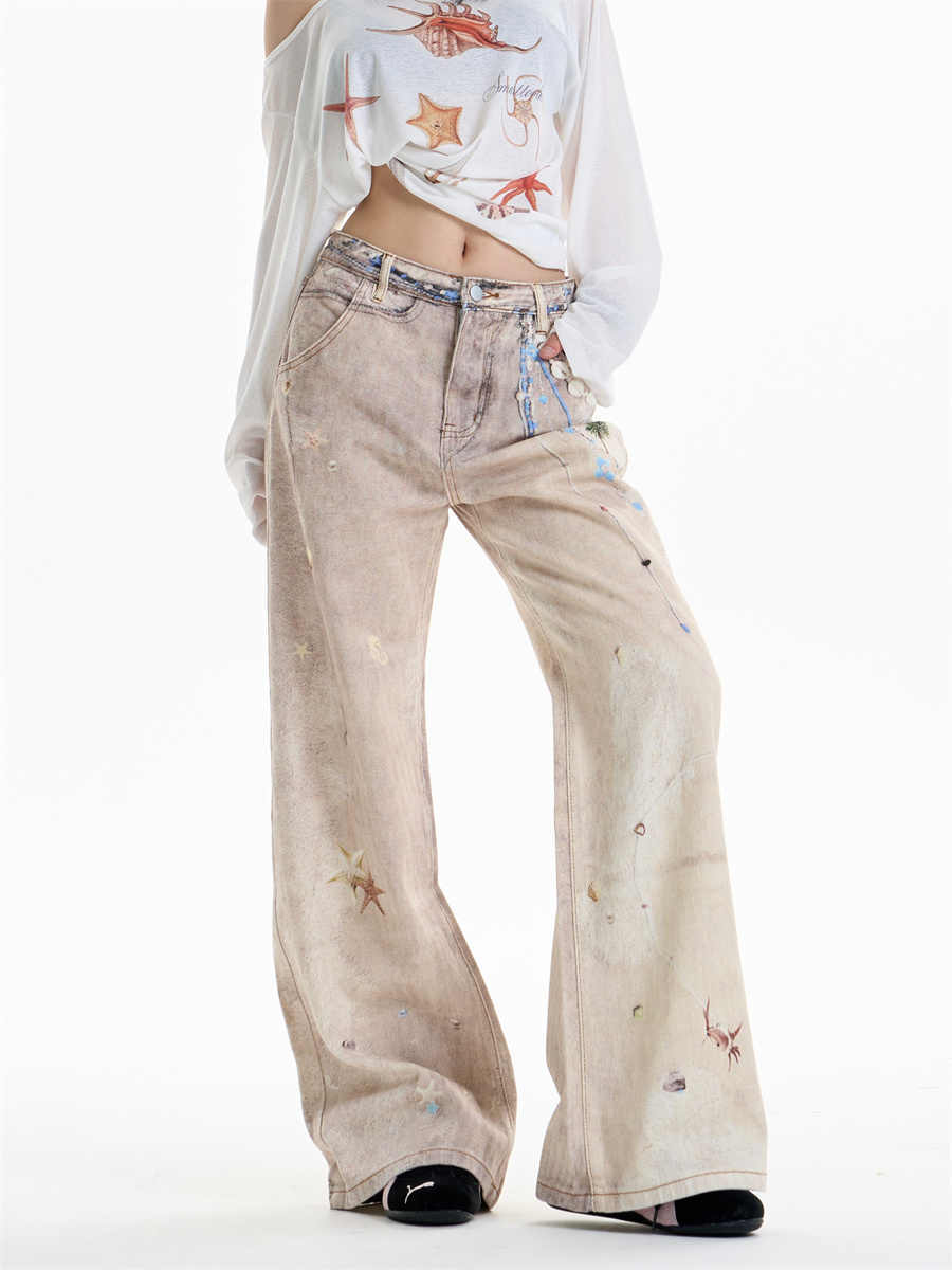 Retro Chain Print Straight-Leg Jeans with Vintage Finish-Theone Apparel