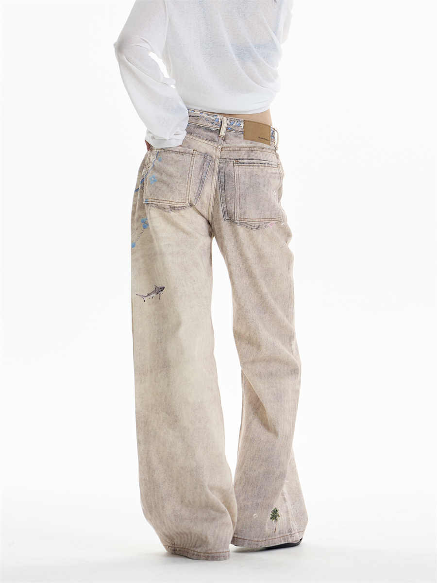 Retro Chain Print Straight-Leg Jeans with Vintage Finish-Theone Apparel