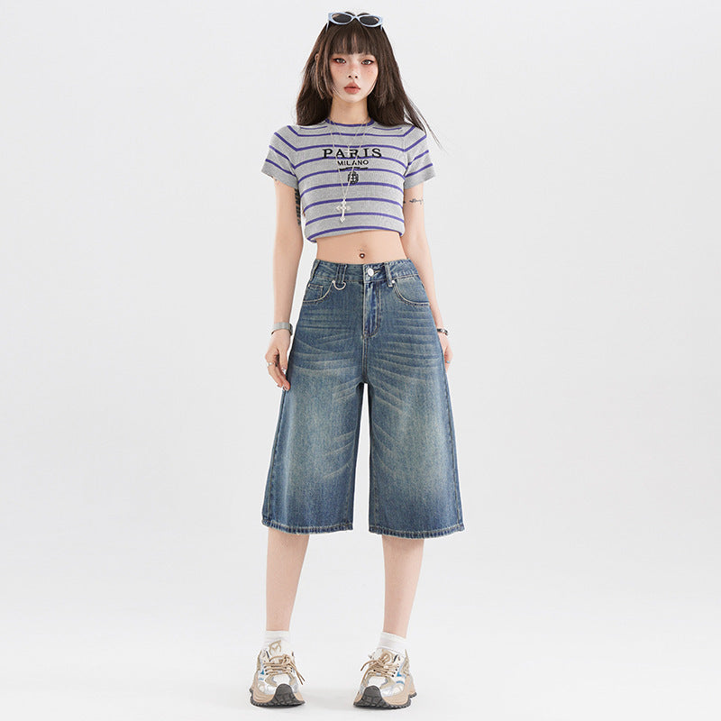 Retro Cropped High Street Jeans with Summer Americana Vibes-Theone Apparel
