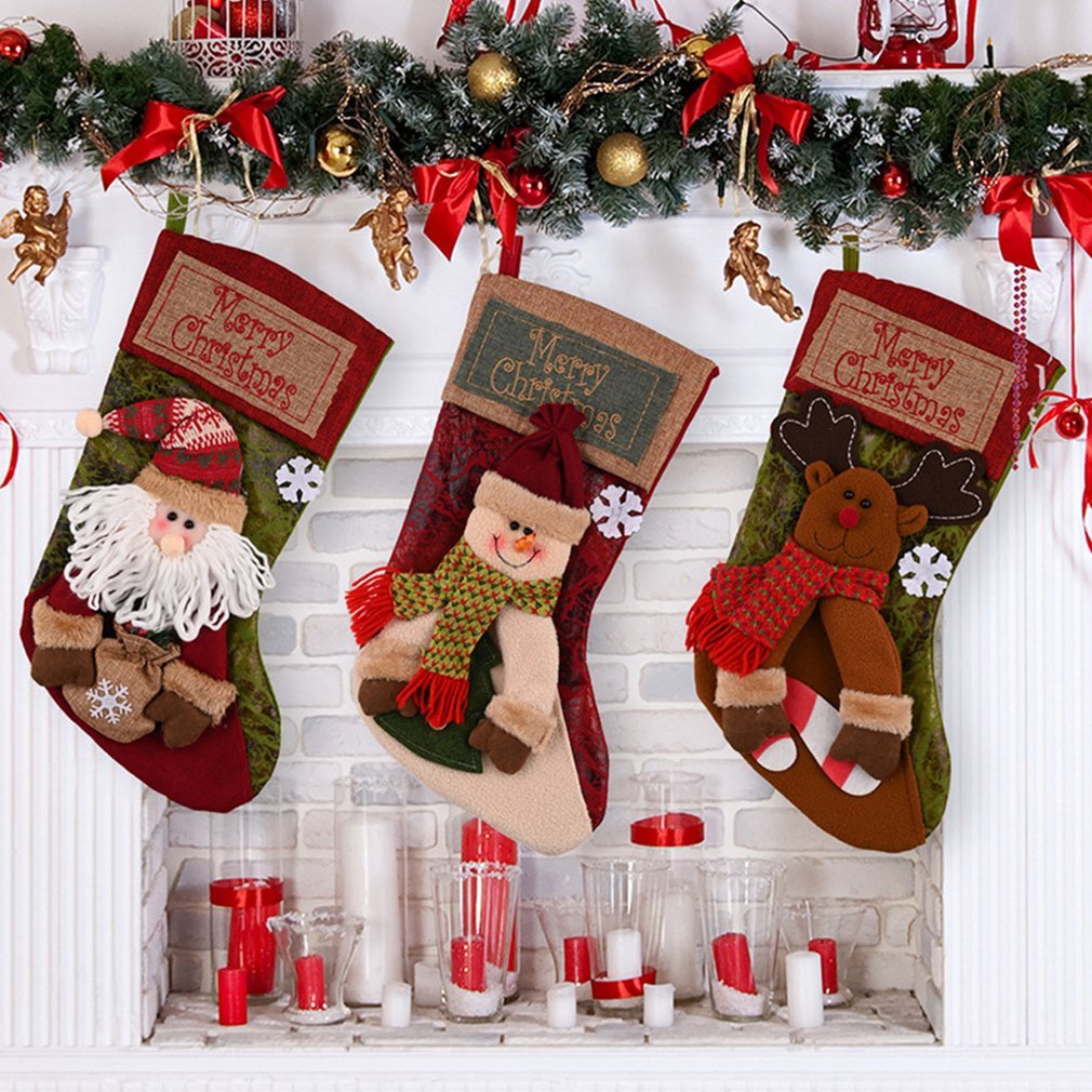 Rustic Classic Merry Christmas Snowman, Santa and Reindeer Stockings-Theone Apparel