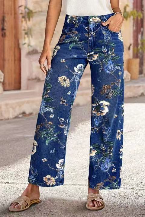 Seasonal Printed Straight-Leg Denim Pants for Artistic Flair-Dark Blue-Theone Apparel