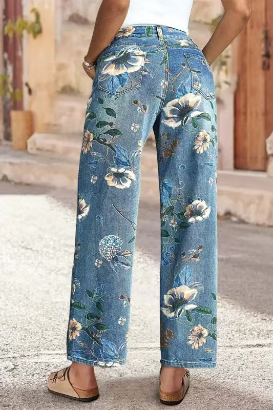 Seasonal Printed Straight-Leg Denim Pants for Artistic Flair-Light Blue-Theone Apparel