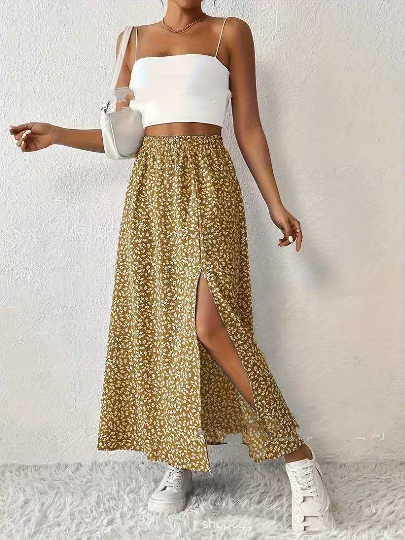 Side Slit Printed Skirt For Fashionable Everyday Wear-Gold-Theone Apparel