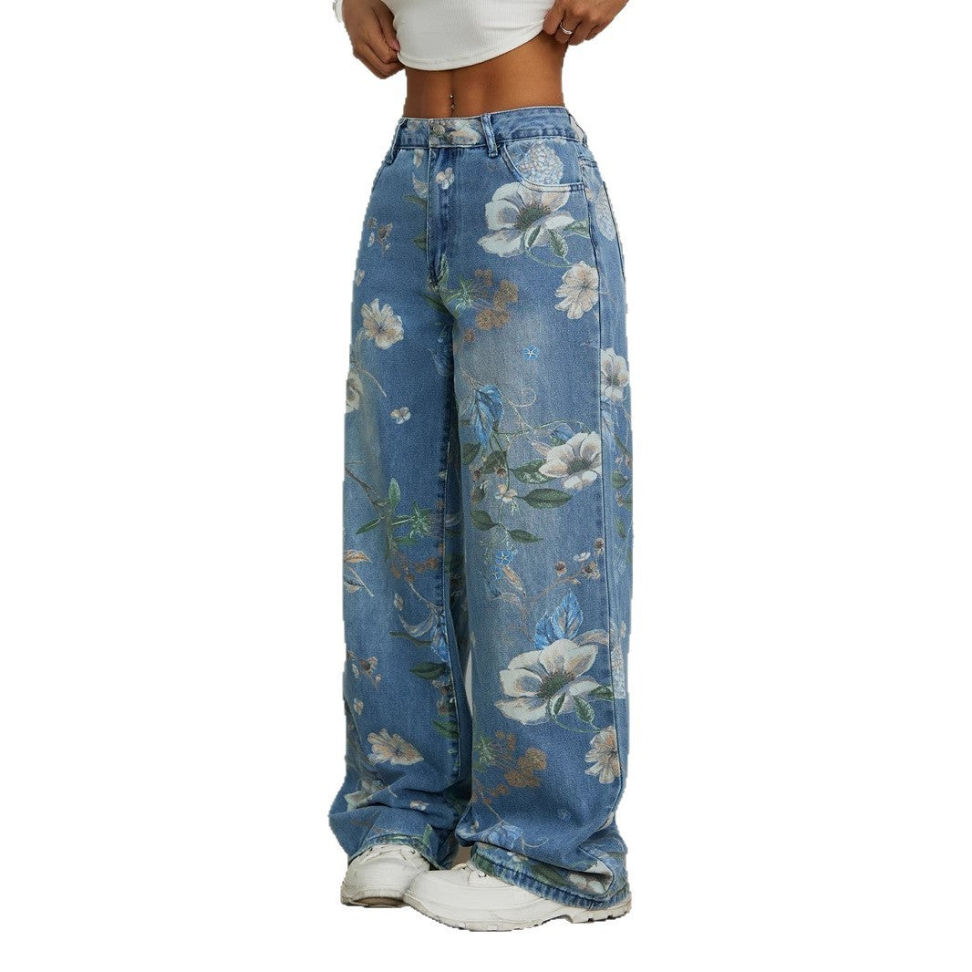 Street-Style Loose Wide-Leg Denim Pants with Urban Cool-Blue-Theone Apparel