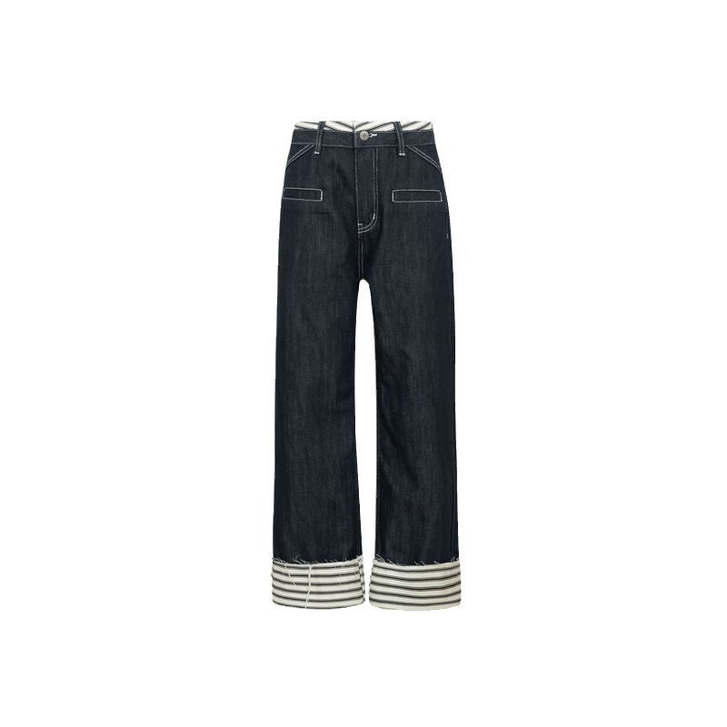Striped Cuffed Wide-Leg Jeans with High-End Finish-Theone Apparel