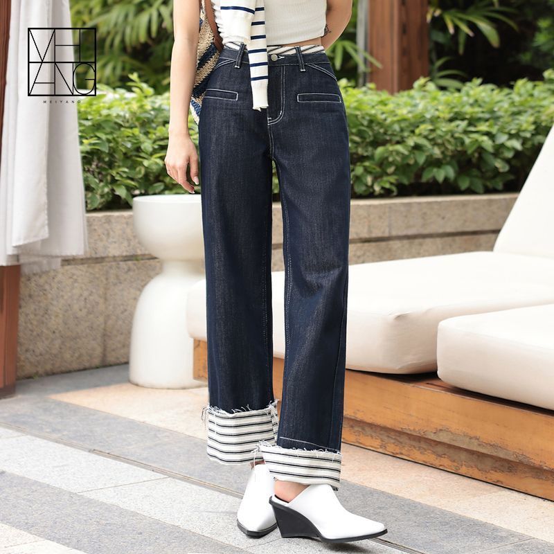 Striped Cuffed Wide-Leg Jeans with High-End Finish-Blue-Theone Apparel