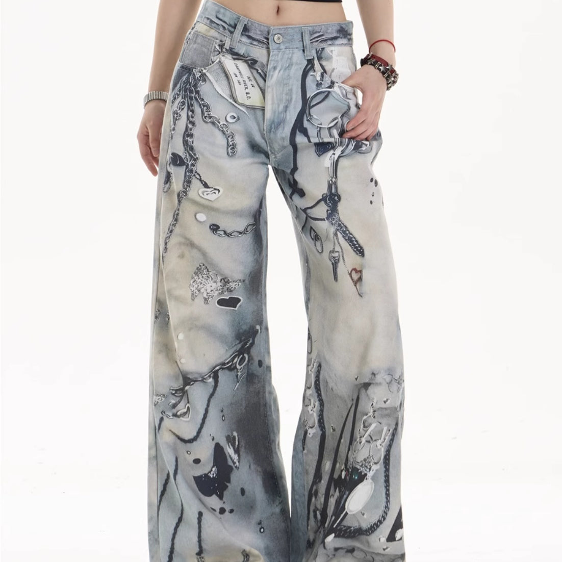 Jeans rectos de pierna ancha con utilidad cotidiana de bolsillo múltiple