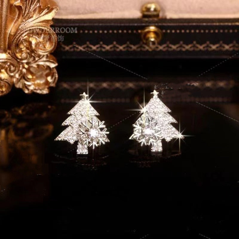 Women's Glittering Jeweled Small Christmas Tree Dangle Earrings-Silver-Theone Apparel