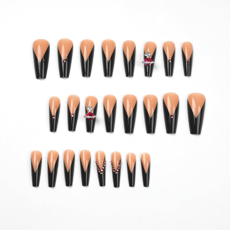 Women's Long French Nail Casket Shaped Nail Set with Rhinestones-Theone Apparel