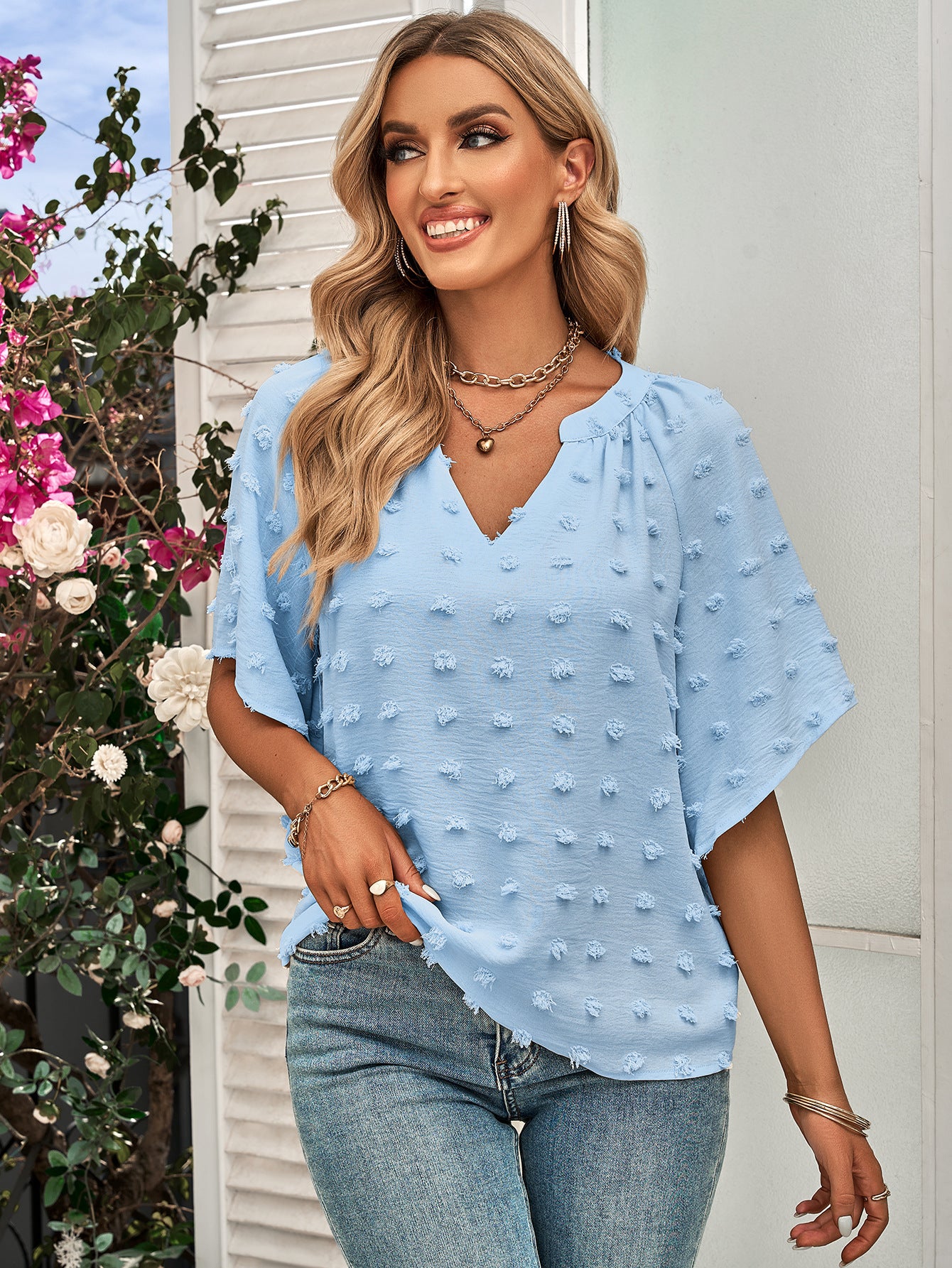 Women's Mock Neck Loose Short Sleeve Puffball Blouse-Blue-Theone Apparel