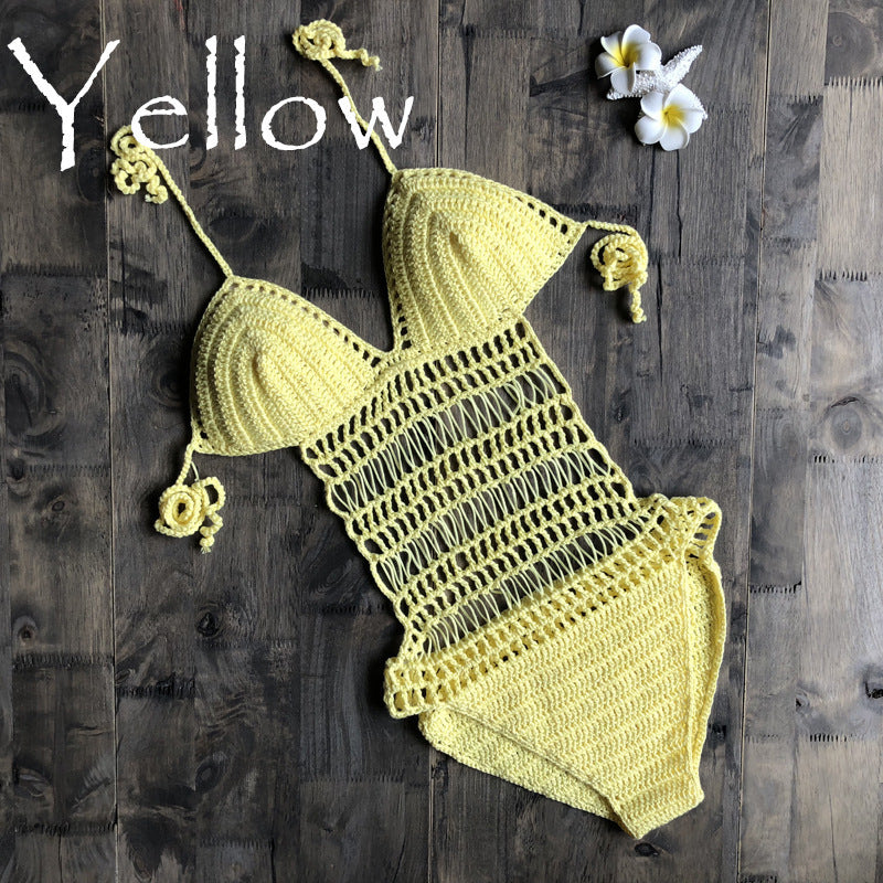Women's One Piece Crochet Style Cutout Swmsuit-yellow-Theone Apparel