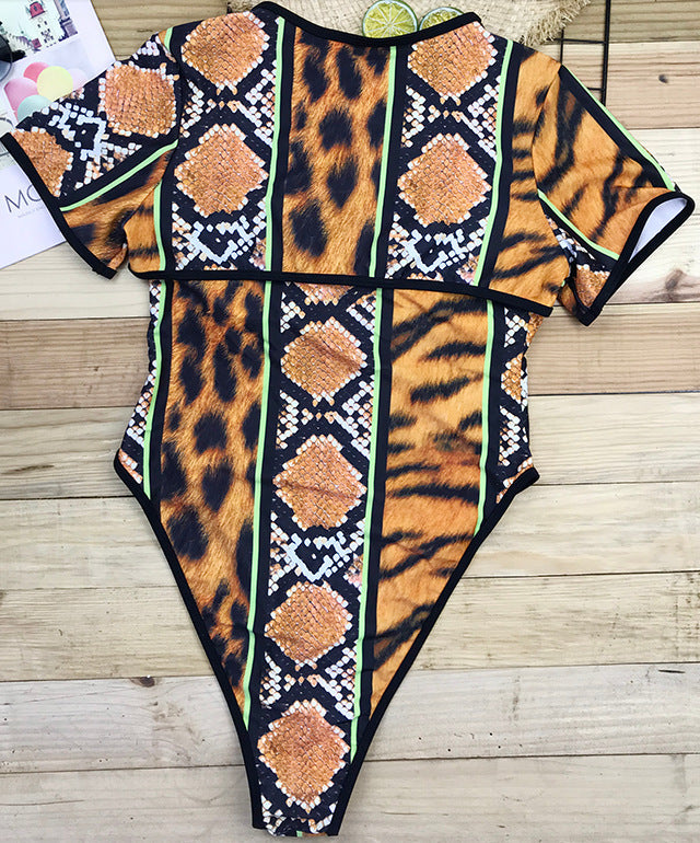 Women's One Piece Mixed Animal Print Short Sleeve Swimsuit-Theone Apparel