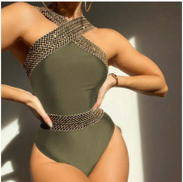 Women's One Piece Solid Color Swimsuit with Golden Trim-Green-Theone Apparel