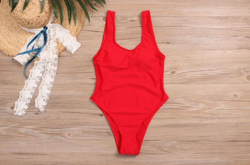 Women's One Piece Solid Color Swimsuit with U-Neck-Red-Theone Apparel